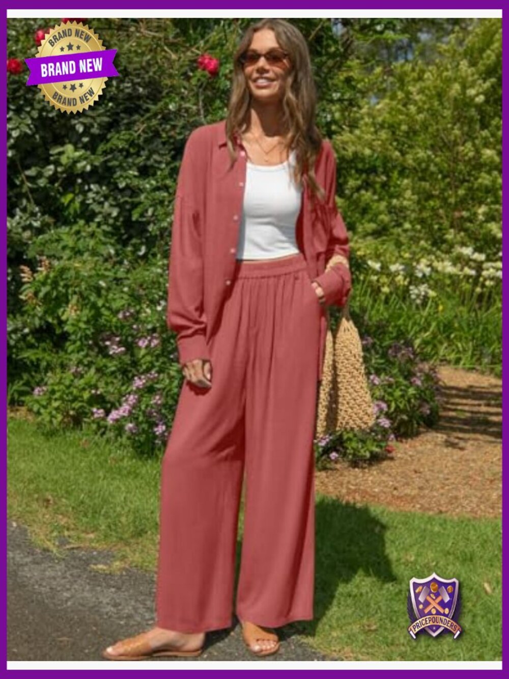 Women's Linen 2 Piece Lounge Set, Button Down & Wide Leg Pants - Picture 2 of 7